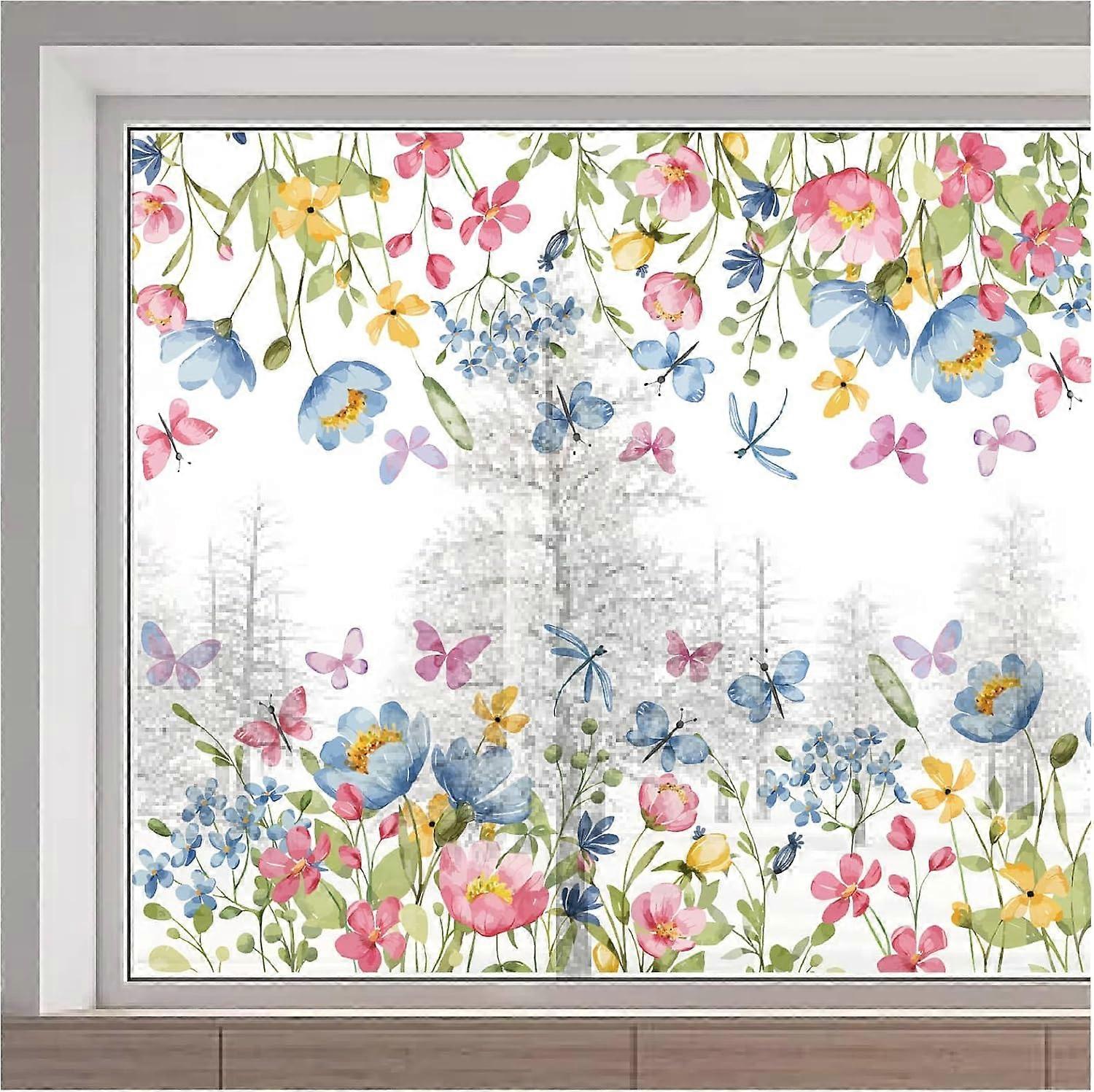 Large Spring Flower Window Sticker Summer Floral Butterfly Static Window Clings Reusable Double Sided Anti Collision Non-Adhesive Window Decals for Ho