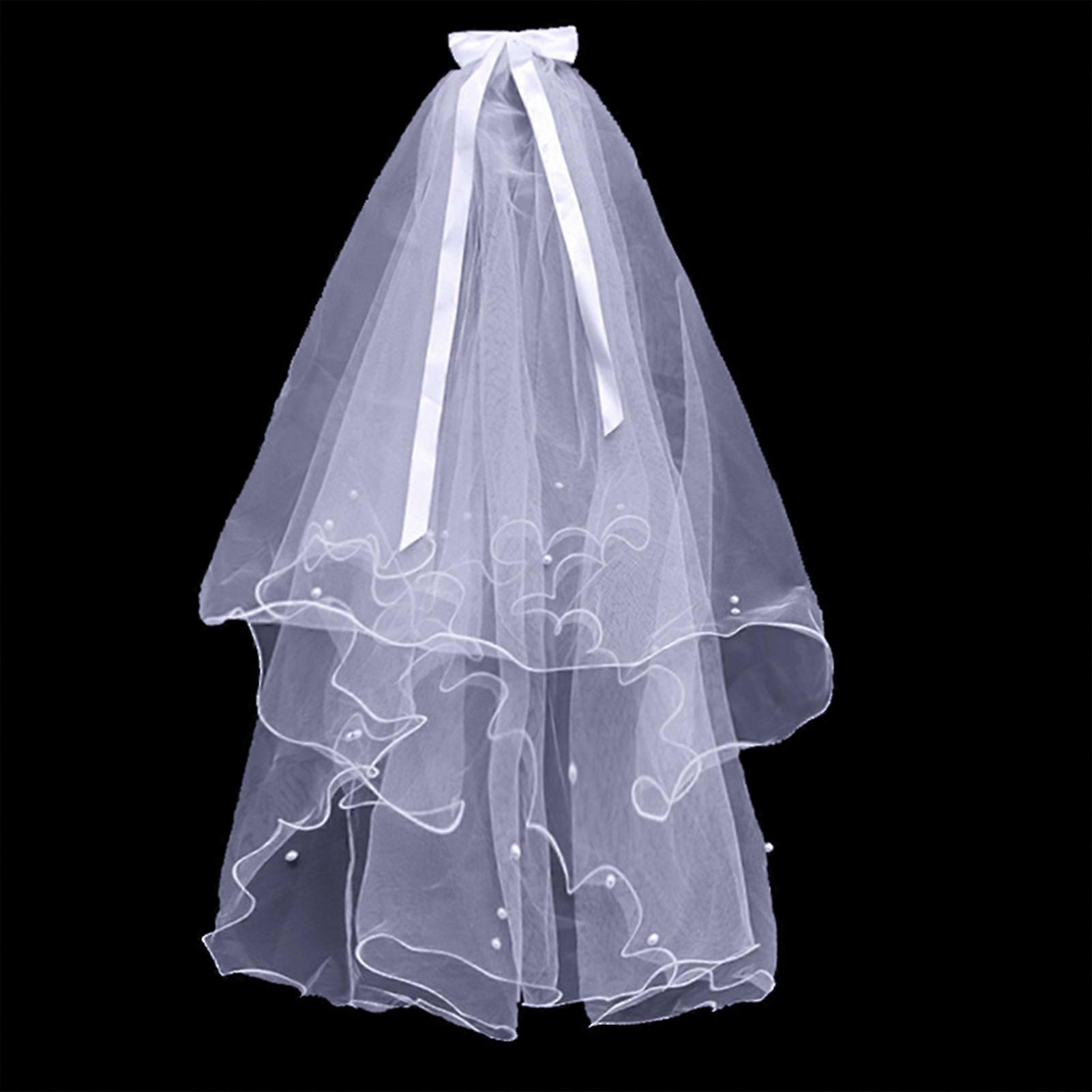 4 Tier Wedding Veil Women's Simple Pearl Short Tulles Veil with Comb