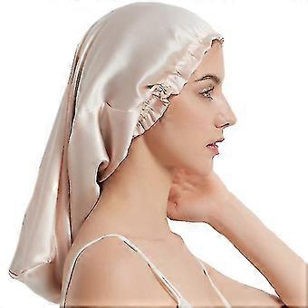 100% Mulberry Silk Night Cap för långt hår, lång Silk Bonnet Sleep Cap (ljusrosa)