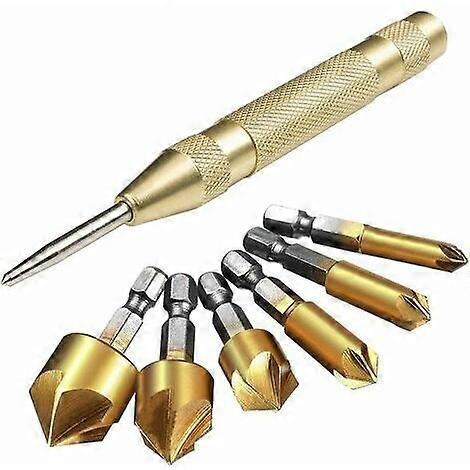 Set of 6 Hex Shank Cone Countersink Bits with 5" Automatic Center Punch Deburring Tool