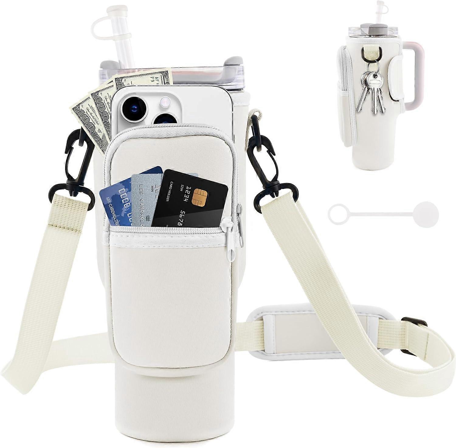 حقيبة حاملة زجاجة ماء مع جيب هاتف لكوب ستانلي 40/30 أونصة ، حامل زجاجة ماء مع حزام قابل للتعديل وغطاء من القش ، ملحقات كأس ستانلي 20