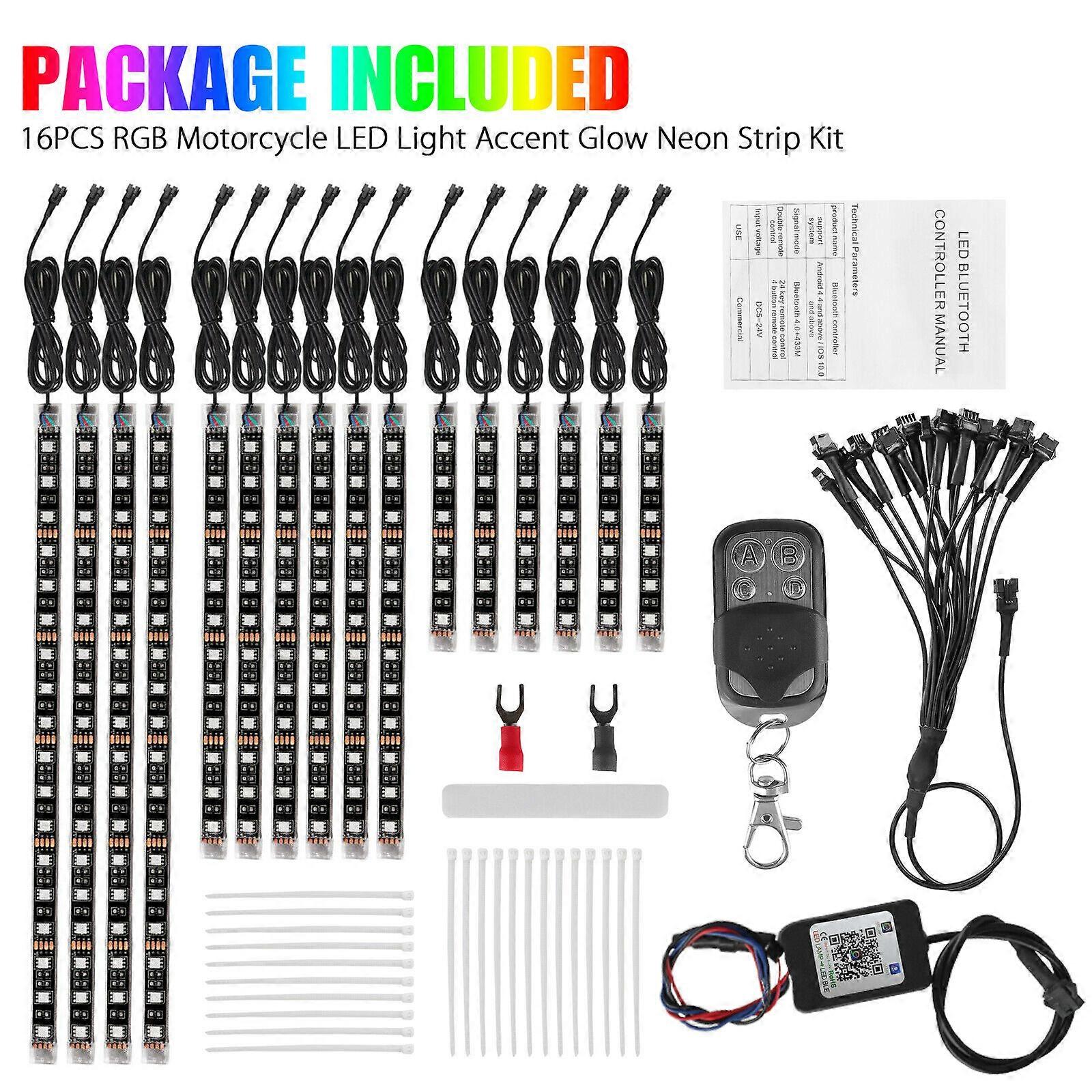 16pcs Wireless Bluetooth Motorcycle LED Neon Light Strip RGB Multicolor Under Glow Lights APP Remote Control Car Decorative Lamp