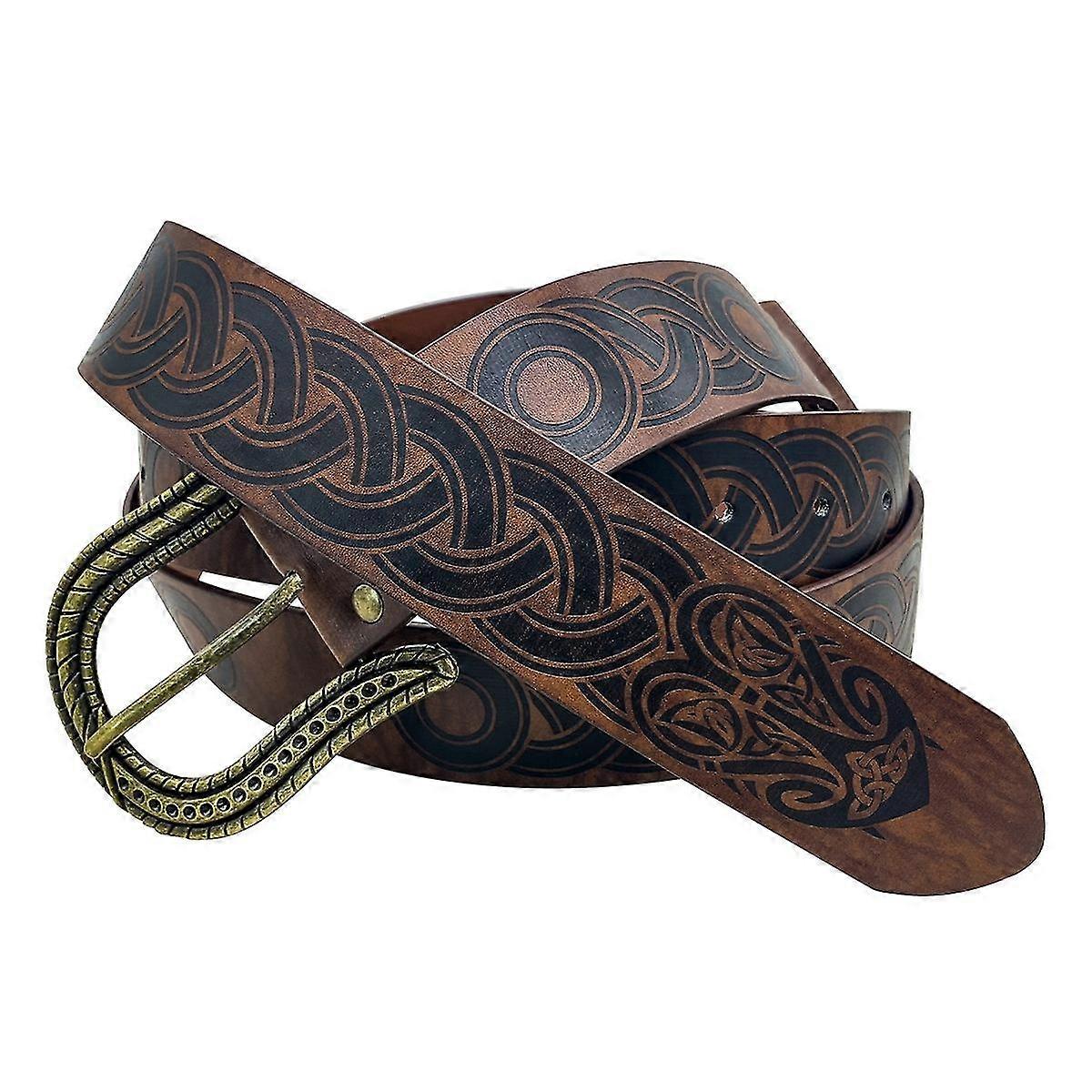 Nordiskt präglat spännbälte, retro medeltida konstläder riddarbälte för lajv Cosplay kostym, brun