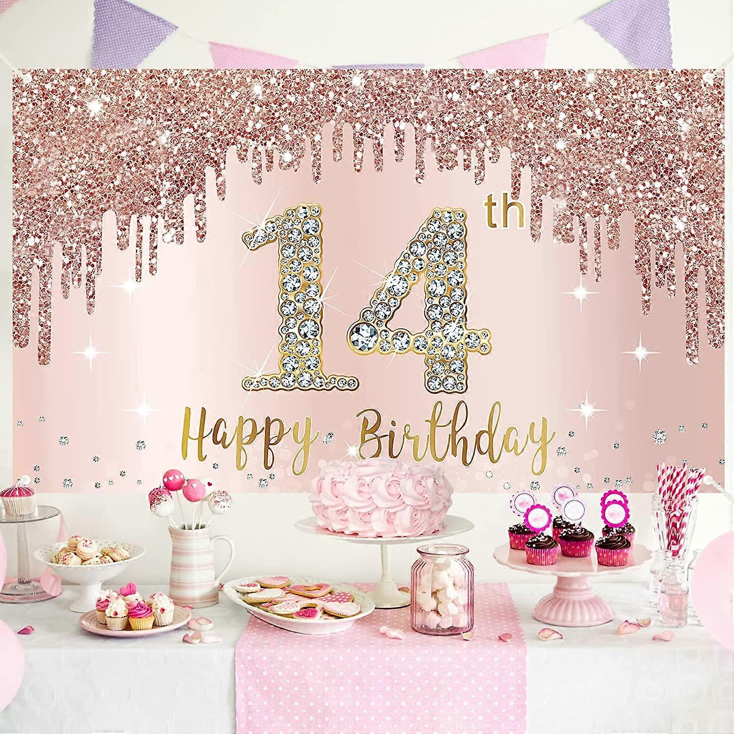 Happy 14th Birthday Banner – Schwarz-rosa Für Mädchen-Party