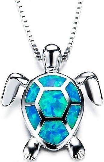 White Gold Plated Simulated Opal Small Turtle Pendant Statement Necklace