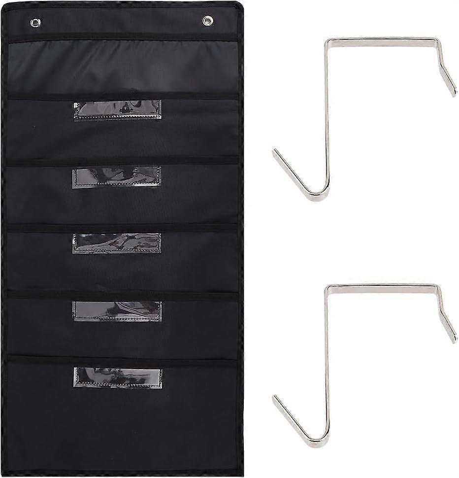 5 Pockets Hanging File Organizer Black Oxford Cloth Foldable Wall Mount Magazine Door Storage Pocket Bag File Holder with 2 Iron Hook for Document Sch