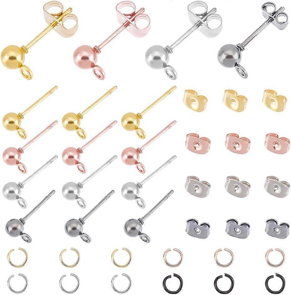 DIY 120Pcs 4 Colors Ball Post Stud Earrings with Loops with 120Pcs Open Jump Rings Iron Stud Earring with Earring Backs Hypoallergenic Mixed Color Stu
