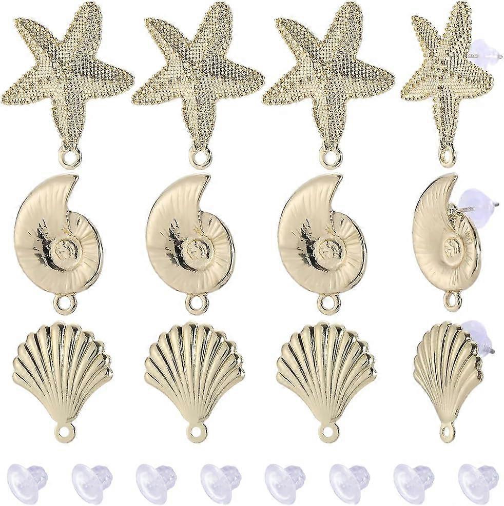 1 Box 30Pcs Shell Earring Posts Gold Ocean Earring Posts Alloy Sea Animal Earring Studs with Loop and Ear Nuts Seashell Starfish Snail Stud Earring Fi