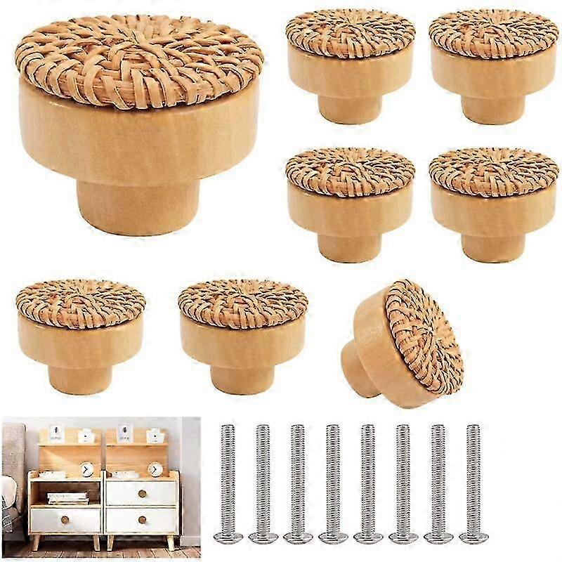 8 Pices Boutons de Meuble en Rotin Bois Poignes de Tiroir Ronds pour Placards Armoire Commode avec Vis