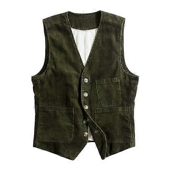 Men Waistcoat V-Neck Sleeveless Single Breasted Vest Coat with Multi-pocket Design Solid Color Corduroy Waistcoat