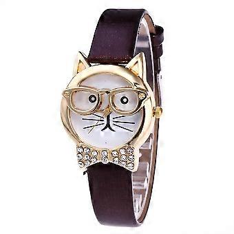 Carino Cat Face Quadrante Rotondo Strass Finto Orologio Da Polso Al Quarzo Caffè