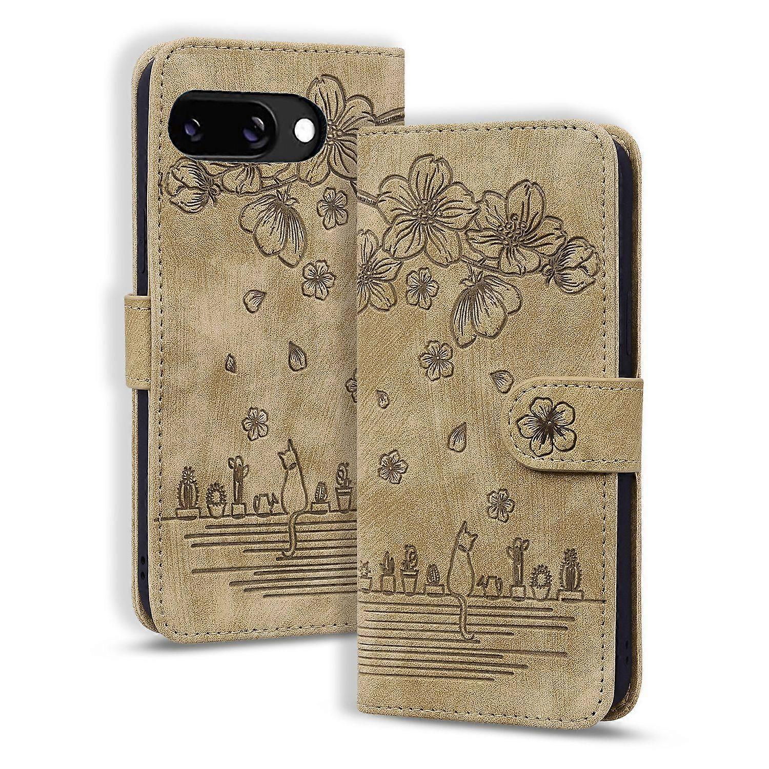 Cartoon Sakura Cat Embossed Leather Phone Case