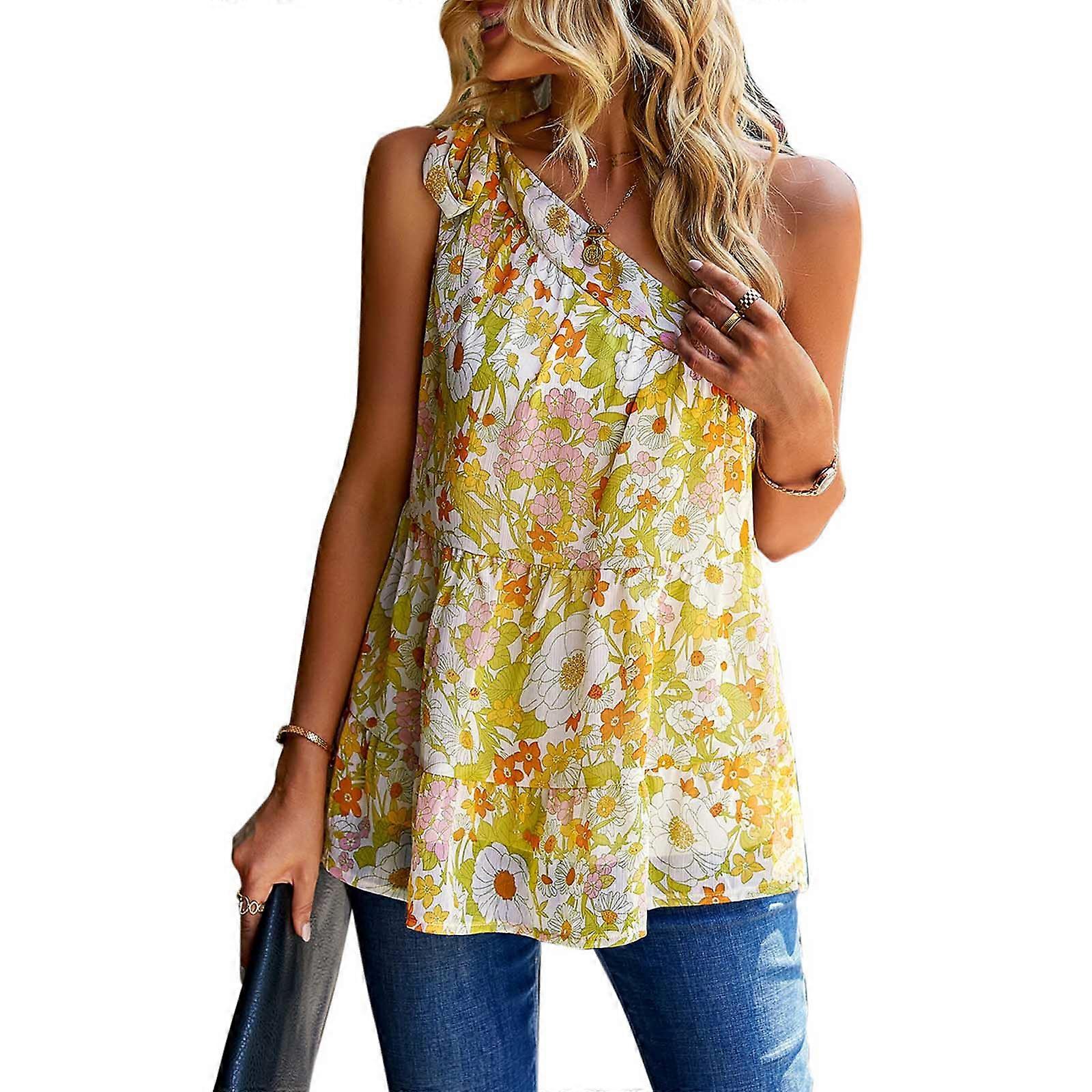Women Summer Chiffon T-shirts Shoulder Tied Bow-knot Bohemia One Shoulder Tops Sleeveless Tank Top Tee Blouses  Yellow XL