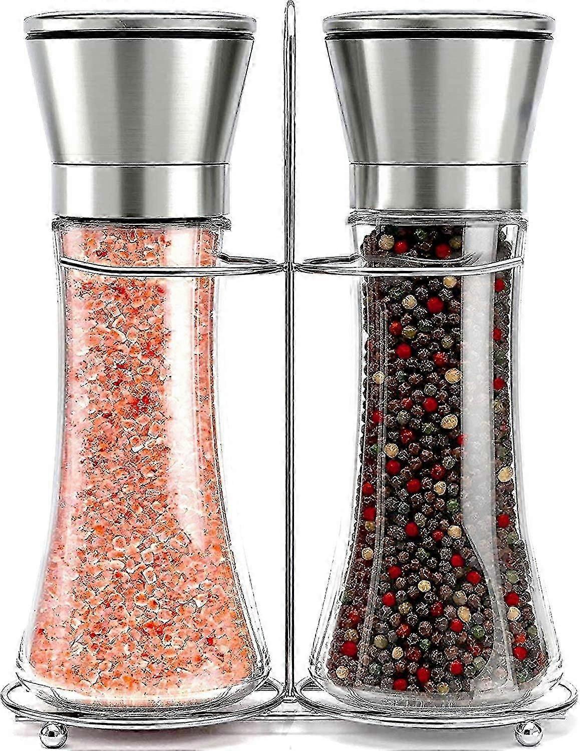 Set of 2 Salt and Pepper Shakers with Matching Stand - Salt and Pepper Grinder with Adjustable Grit