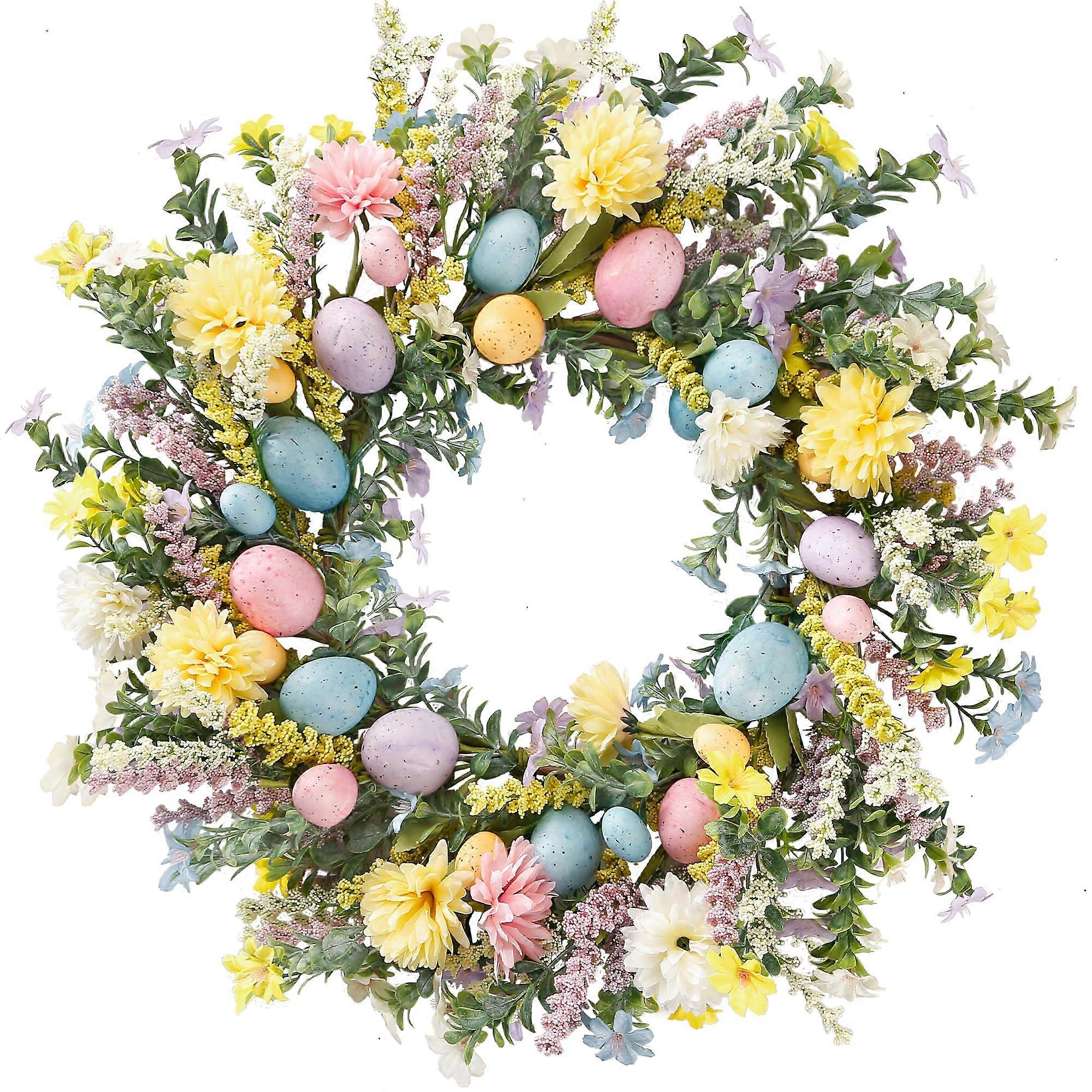 20 Inch Artificial Flower Easter Wreath with Colorful Eggs, Hydrangea, Daisies, and Eucalyptus for Front Door Decor