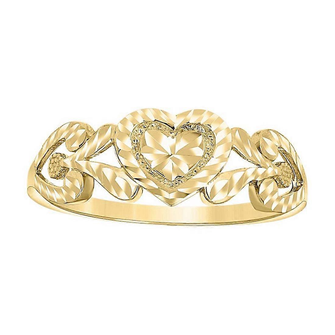 Bague en or jaune 14 carats pour femme, motif floral en forme de cœur, 7 x 1,8 mm de large, 1,6 gramme