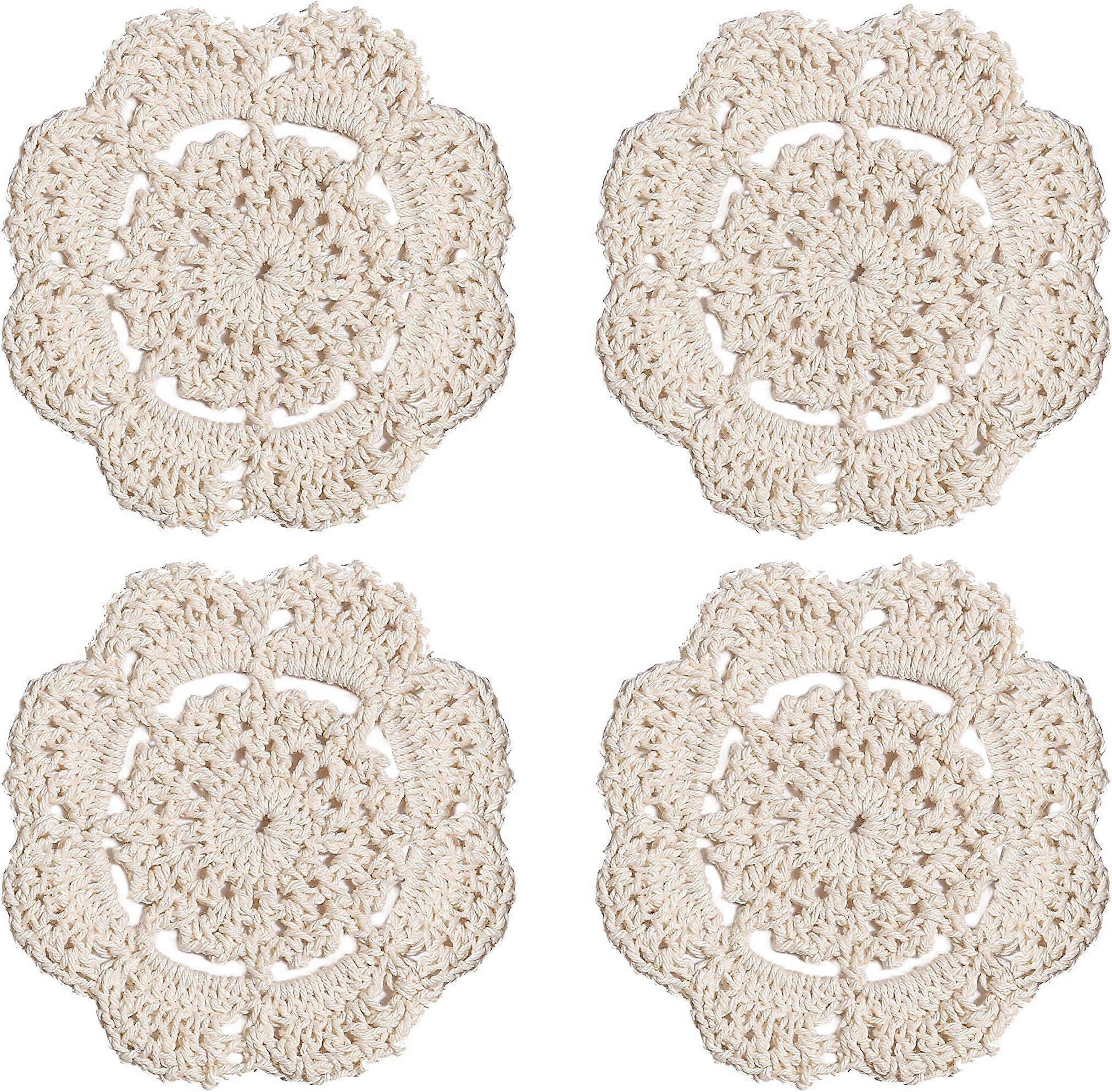 Set of 4 (Beige)Round Lace Crochet Doilies Coasters Handmade, 4"