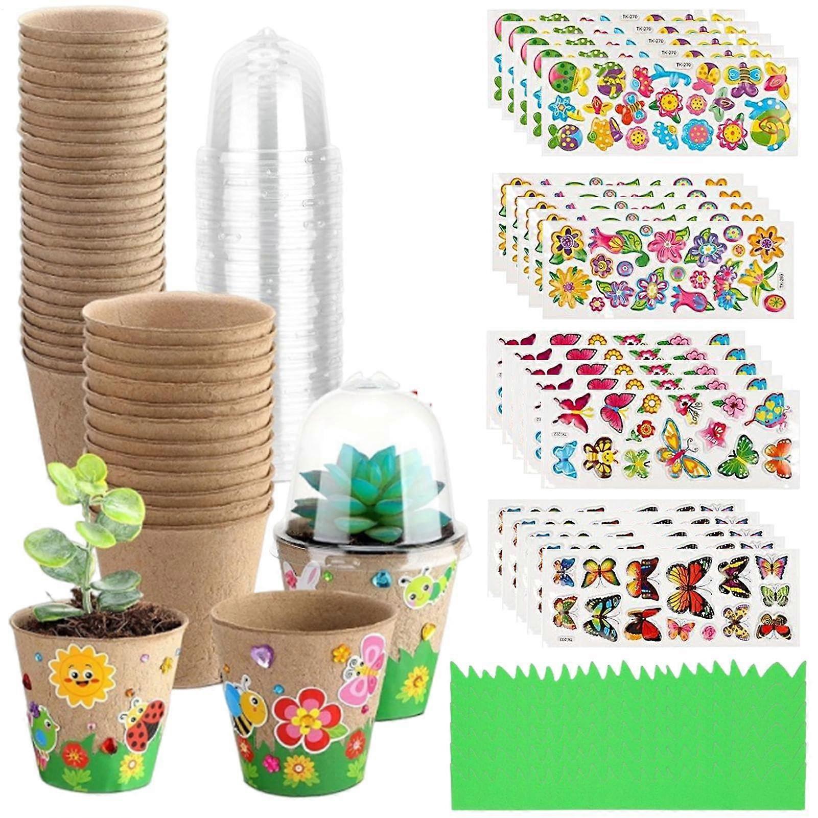 Spring Garden Craft Set - 30 Papier Mache Pots, Peat Pots with Domes, 20 Self-Adhesive Foam Stickers for DIY Flower Planting