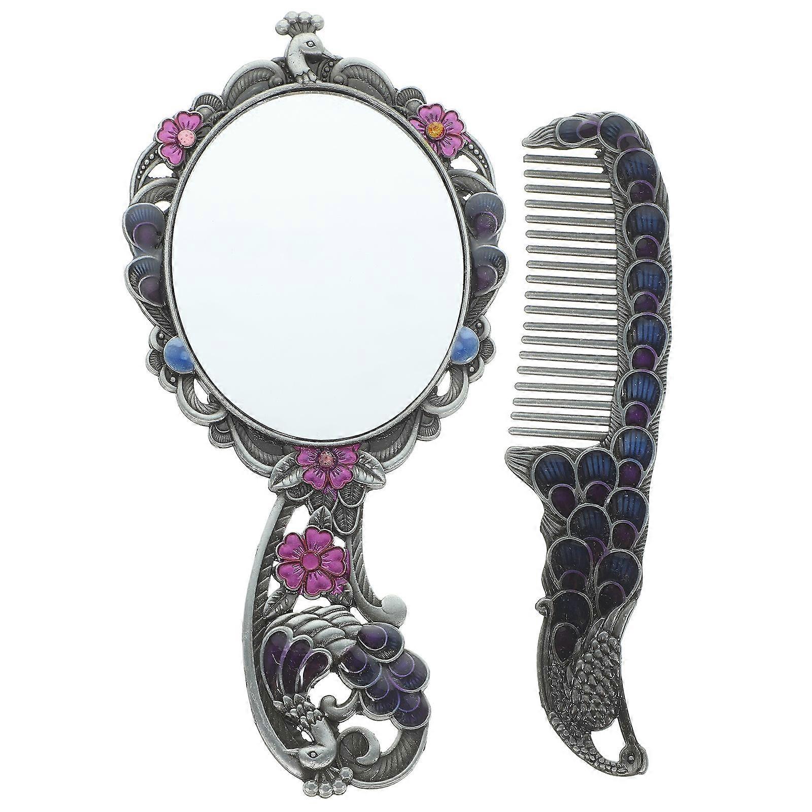 Compact Makeup Mirror Vintage Handheld Mirror Metal Mirror with Comb for Traveling 1Set