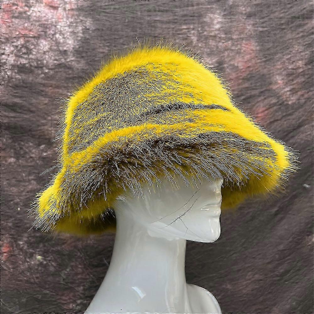 가을 겨울 푹신한 따뜻한 무지개 인조 여우 모피 버킷 모자 여성 패션 캐주얼 야외 Y2k 어부 모자 축제 모자