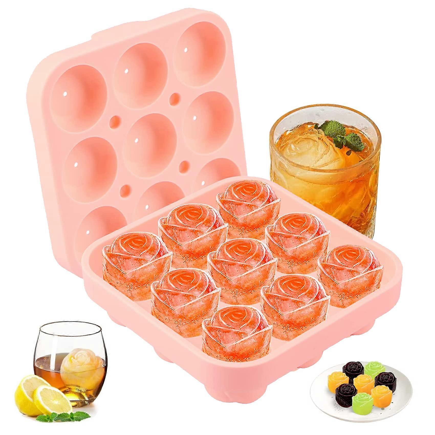 Silicone Ice Cube Tray Rose, 9 Compartment 3D Ice Ball Mould with Lid, BPA-Free for Whiskey, Cocktail, Juice, Coffee (Pink)