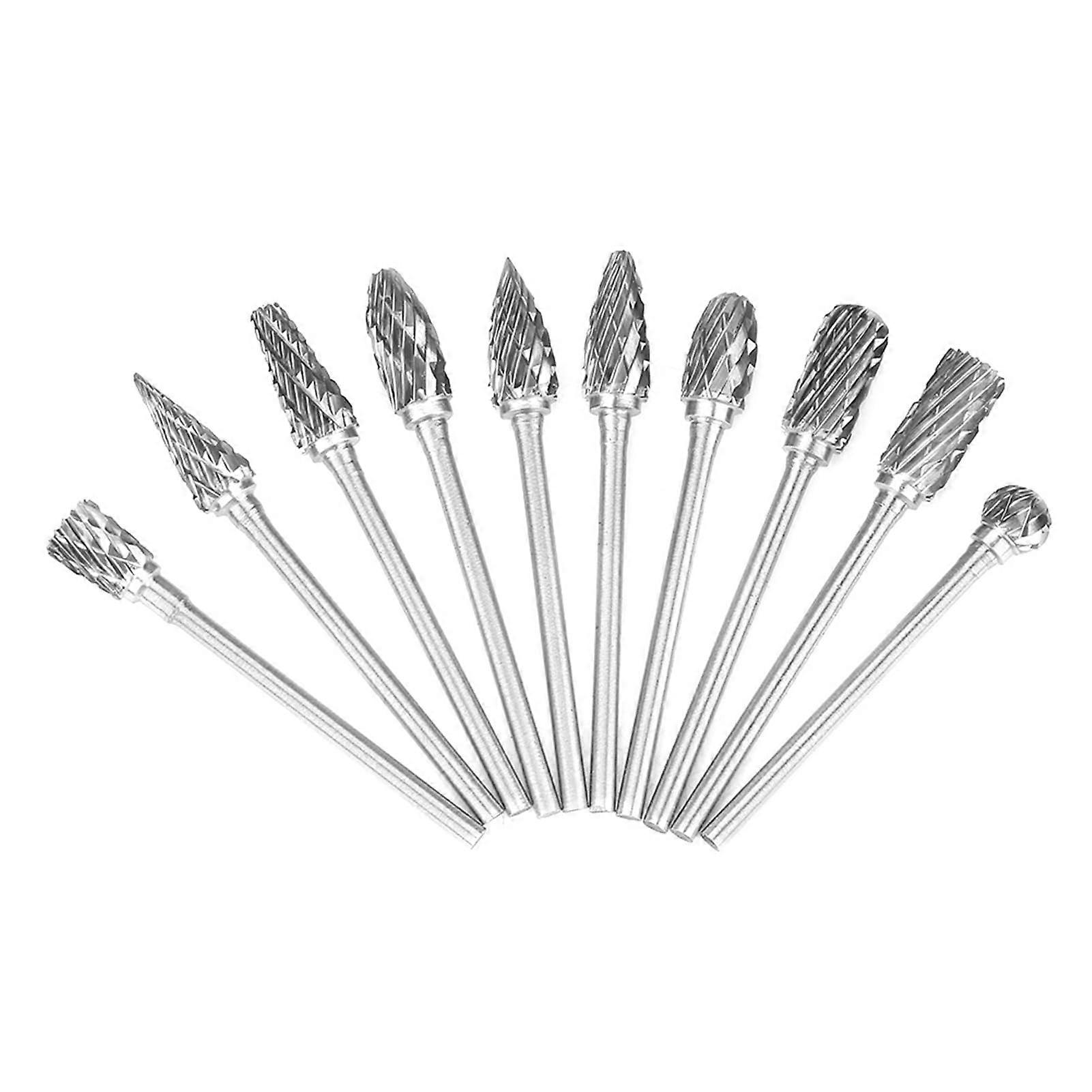 Tungsten Carbide Rotary Bit Set 10-Piece Varied Shapes for Carving and Edge Removal on Iron Steel Bronze Marble