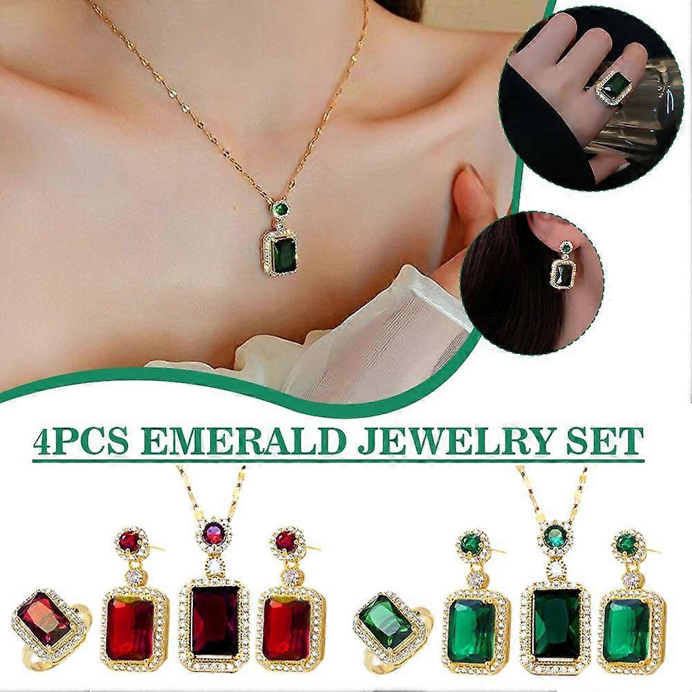 Smaragdové šperky třídílná sada (A) $Emerald náhrdelník náušnice prsten šperky sada ženský temperament lehký luxusní šperky
