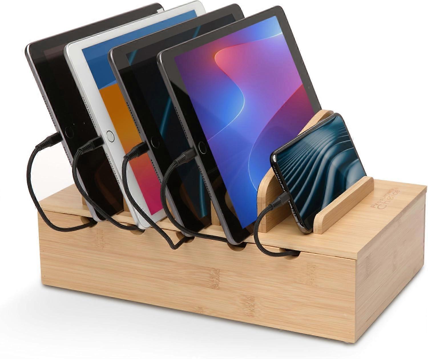 Wooden Charging Station Organizer - 5-Port Base for Phones, Tablets and Laptops - Multi-Device Docking Station with Removable D