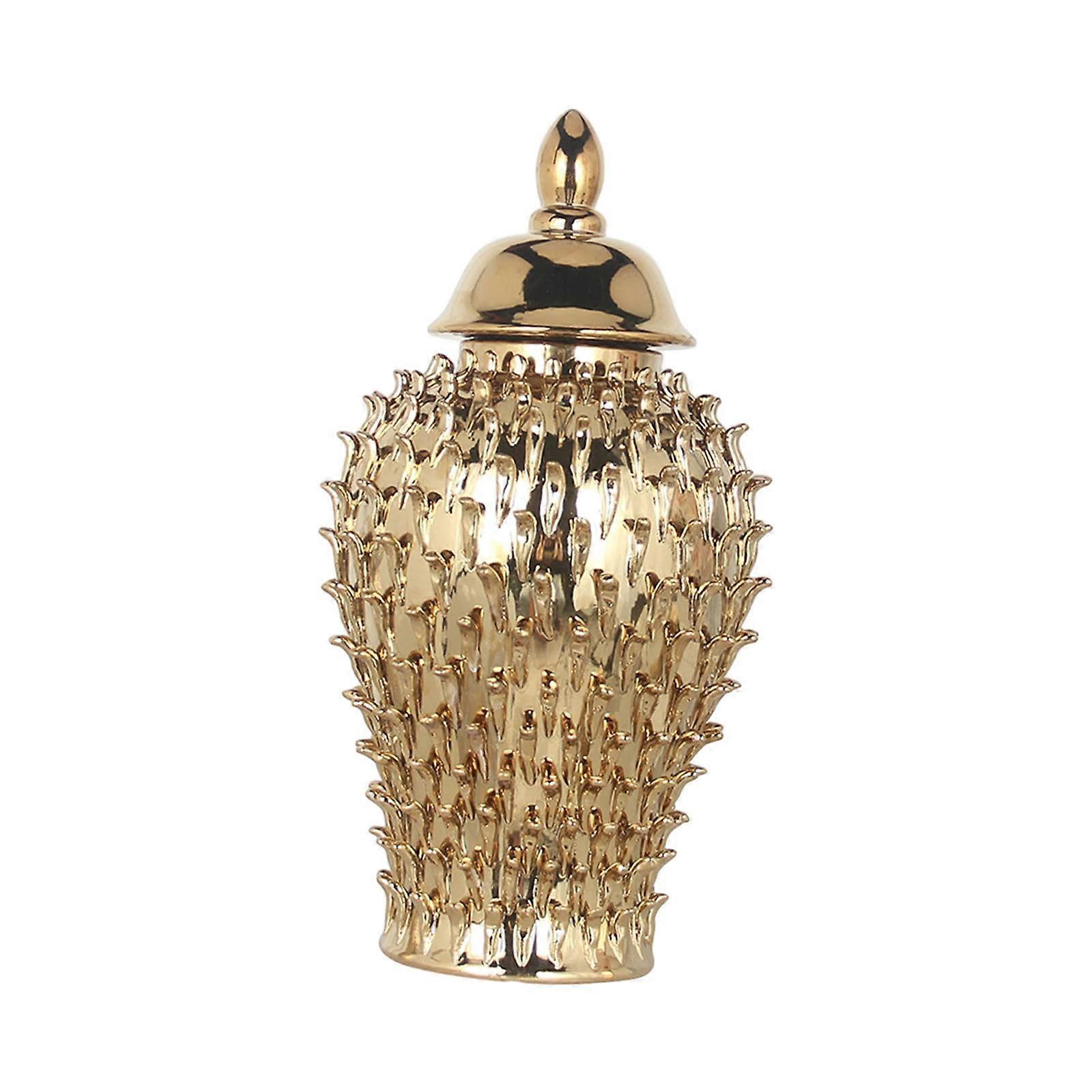 Durian Thorn Ceramic Vase, Ginger Jar with Lid, Handcrafted, Golden, Versatile Use, 21x38 cm