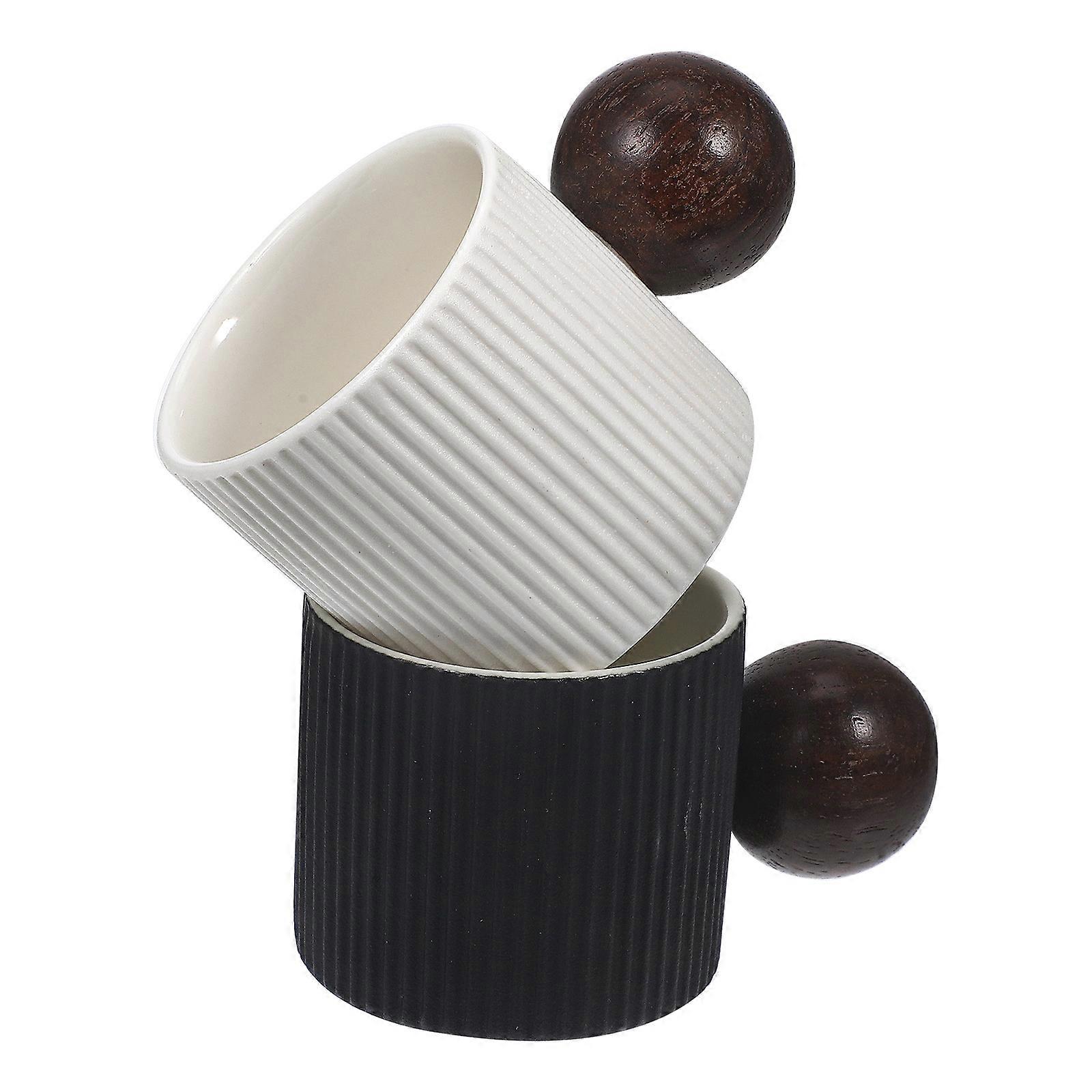 Portable Ceramic Coffee Mug with Wood Handle for Hot Beverages and Tea 2pcs Assorted Color