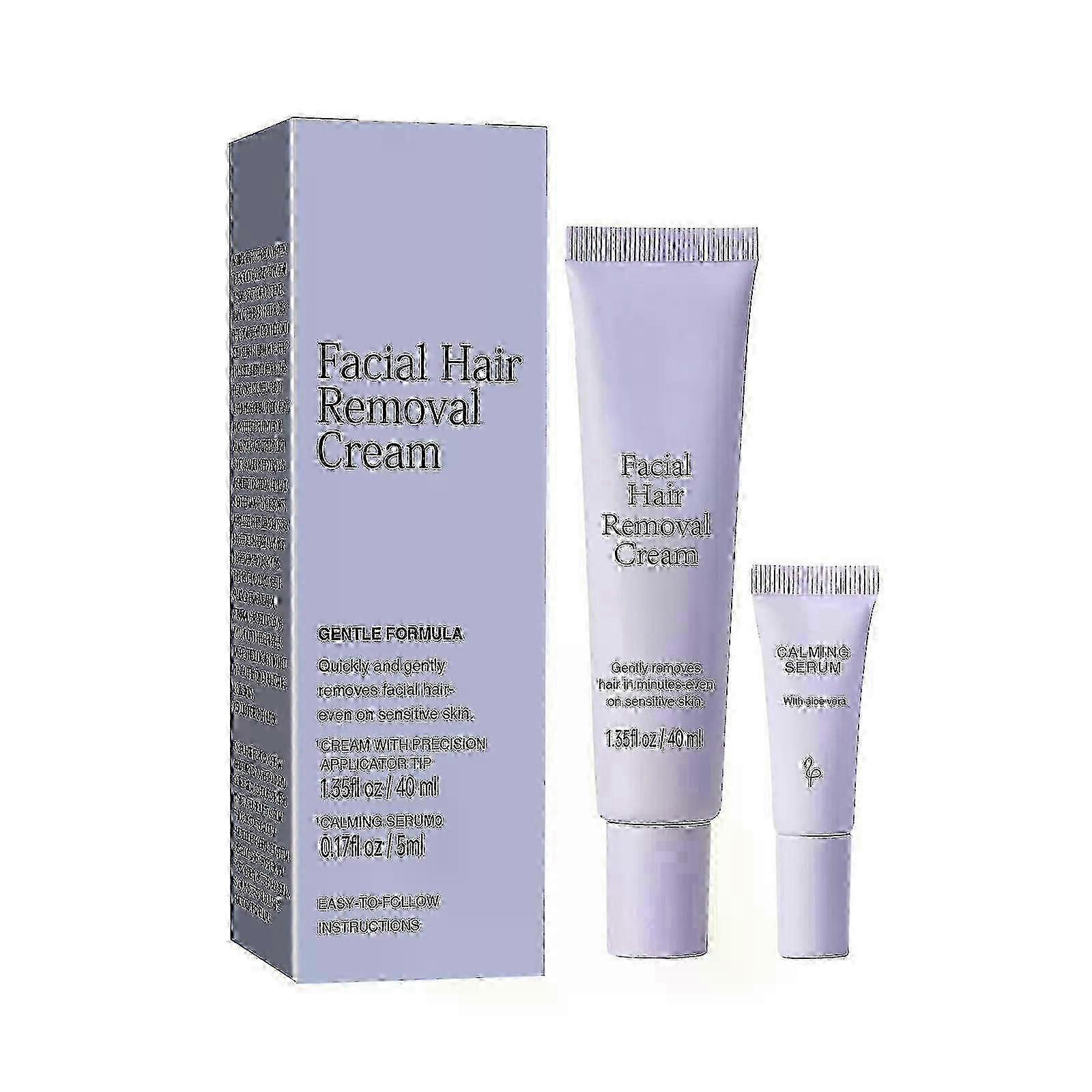 Facial Hair Removal Cream + Calming Serum, Hair Removal Epilator Cream for Sensitive Skin, Soothing Gentle Formula, Long-Lasting Results
