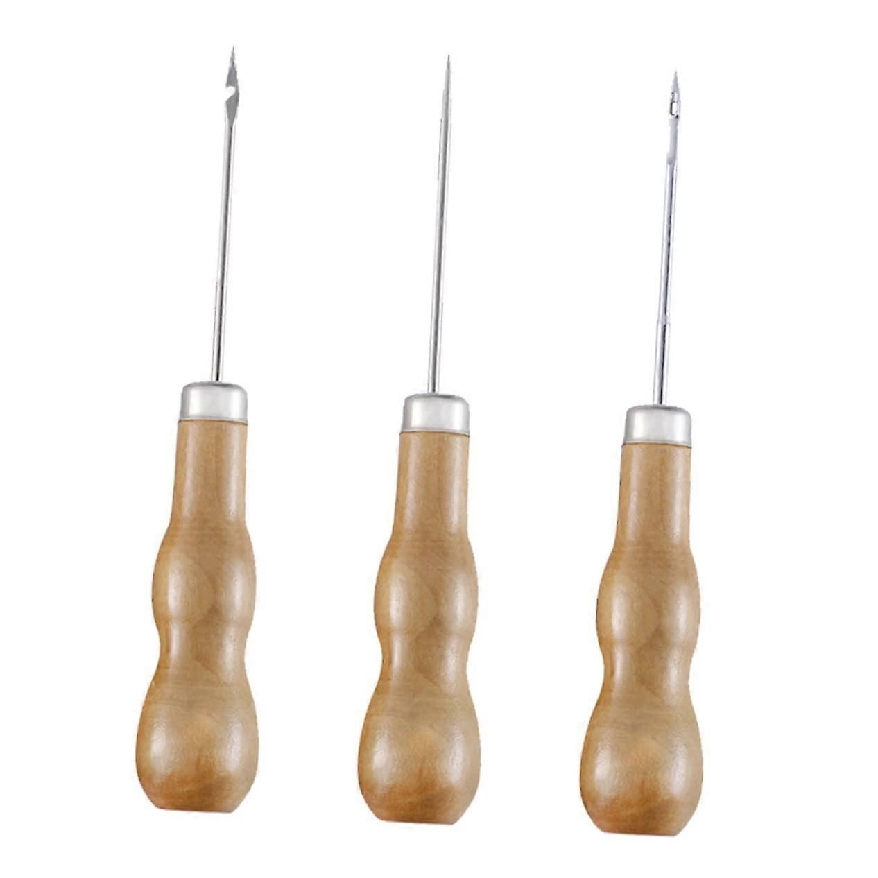 3 Piece Leather Awl Set with Wooden Handle for Shoe Repair and Leathercraft DIY Projects, Durable Sewing Tools