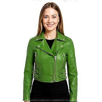 Ladies Cropped Jacket Short Body Gothic Top Apple Green Chic Biker Real Leather Jacket