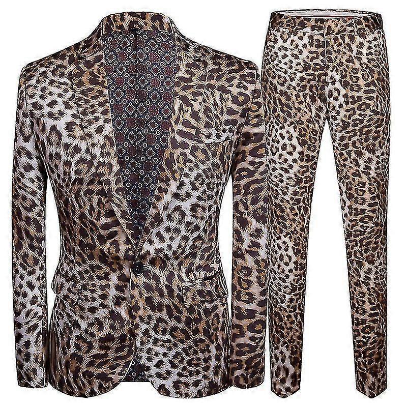 SNQTV-Mens Casual Leopard Pattern Blazers Pants 2 Piece Suit Set
