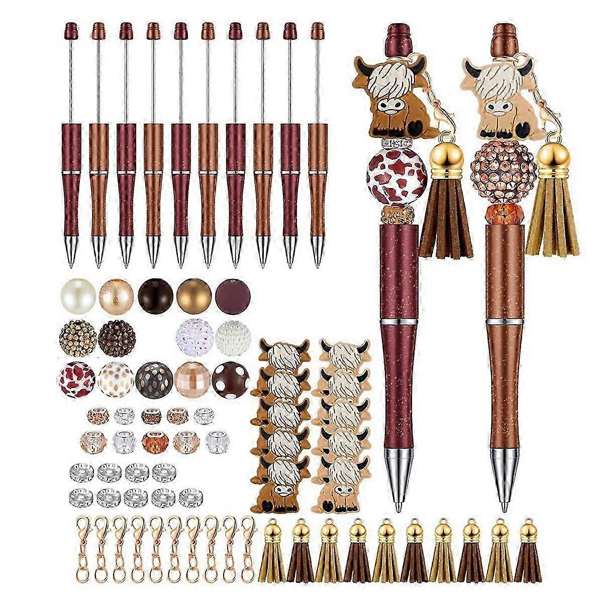 12 Pieces Style Beadable Pens Bulk Bead Pens with 50 Pcs Assorted Colors Beads Pen DIY Making Kit