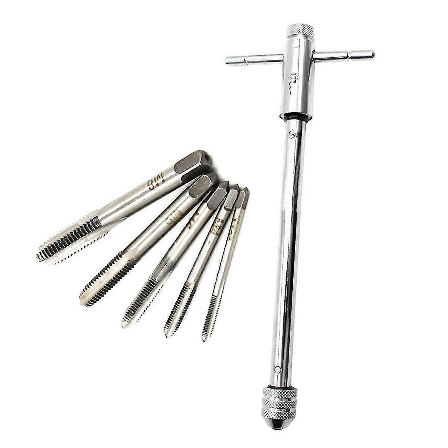 Long Adjustable Silver T-Handle Ratchet Tap Wrench with 5 M3-M8 3mm-8mm Thread Metric Plug Taps