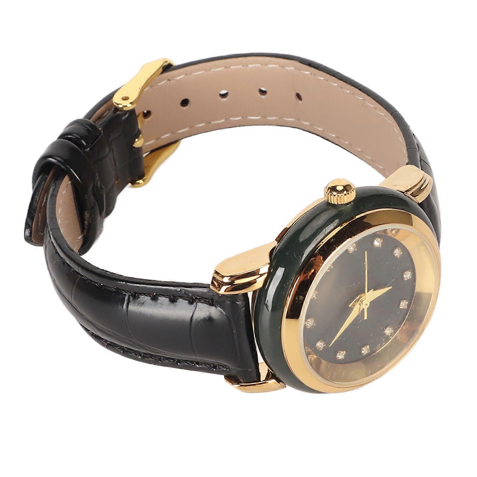 Women Quartz Watch PU Leather Strap Rhinestone Dial Golden Pointer