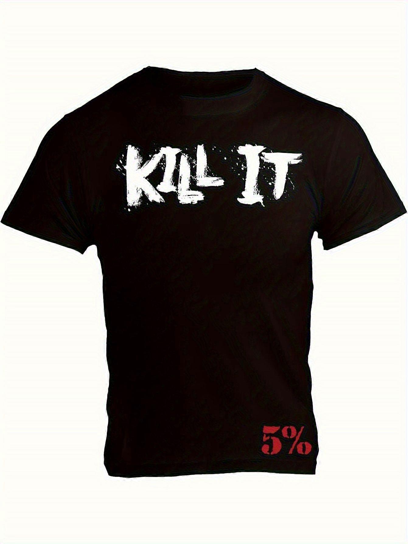 ريتش بيانا رجالي الوزن الثقيل "KILL IT" تي شيرت رياضي - 220gsm قميص تجريب قطني غير مطاطي مع شعار كمال الأجسام التحفيزي - SDGJL186