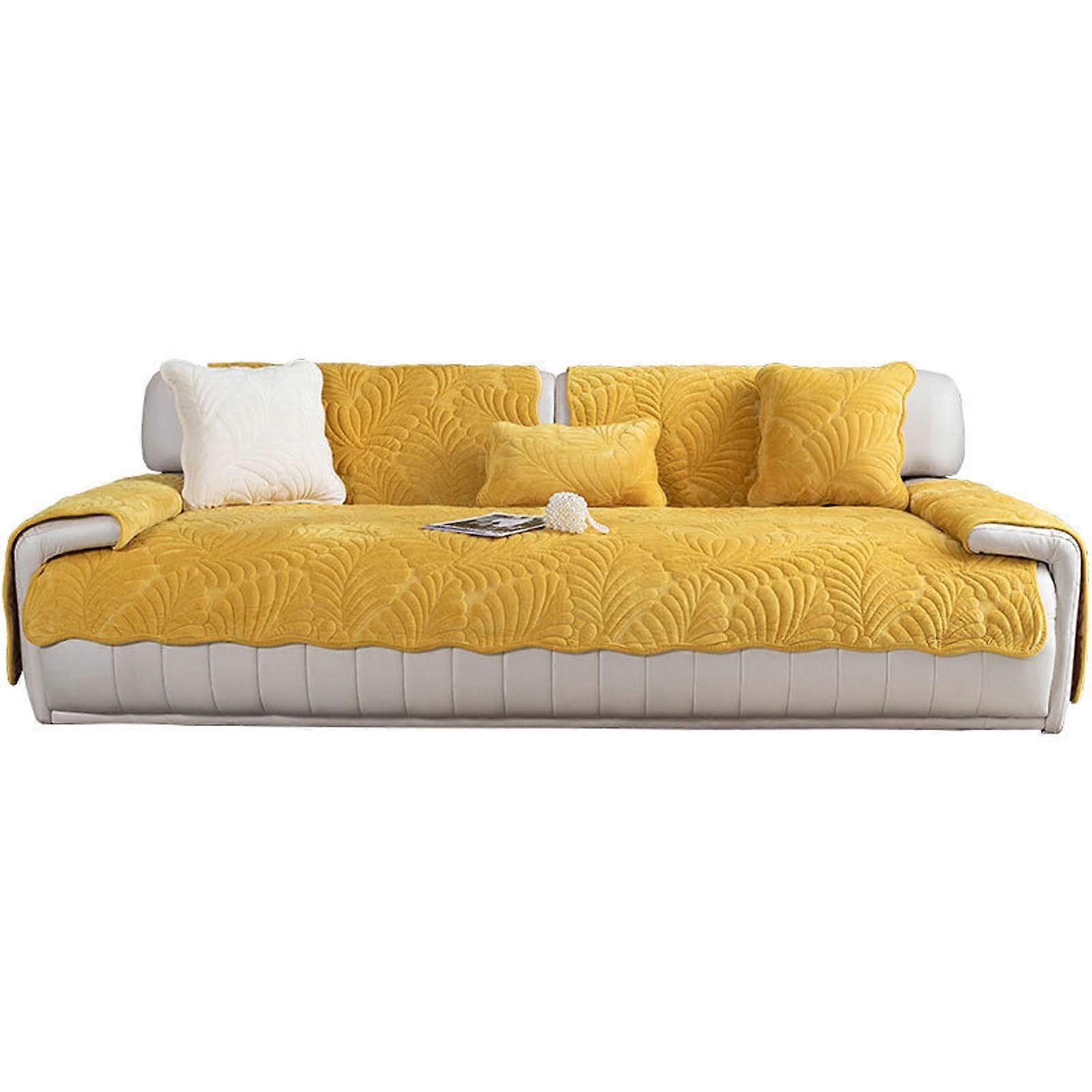 Winter Plush Sofa Cushion Thick Flannel Solid Color NonSlip Yellow 70x180 cm