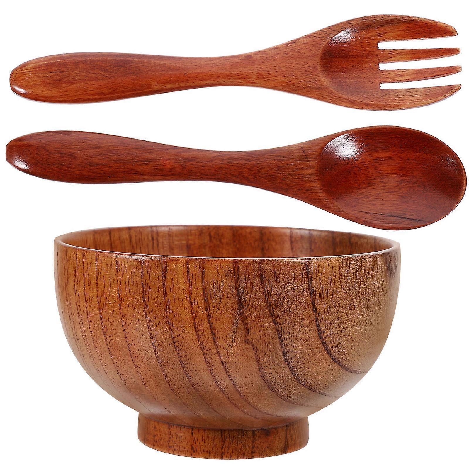 Wooden Fruit Bowl Set for Kitchen Use with Spoon and Fork 5Sets