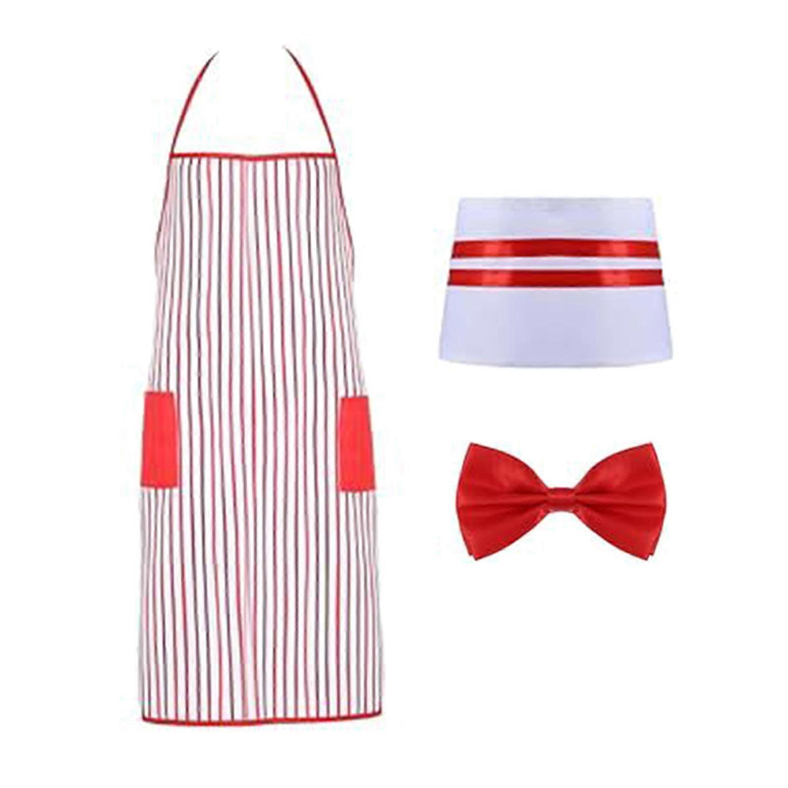 Halloween Server Apron Red White Striped Design With Adjustable Bowtie And Chefs Hat Polyester Fabric For Themed Restaurants Parties Multicolor