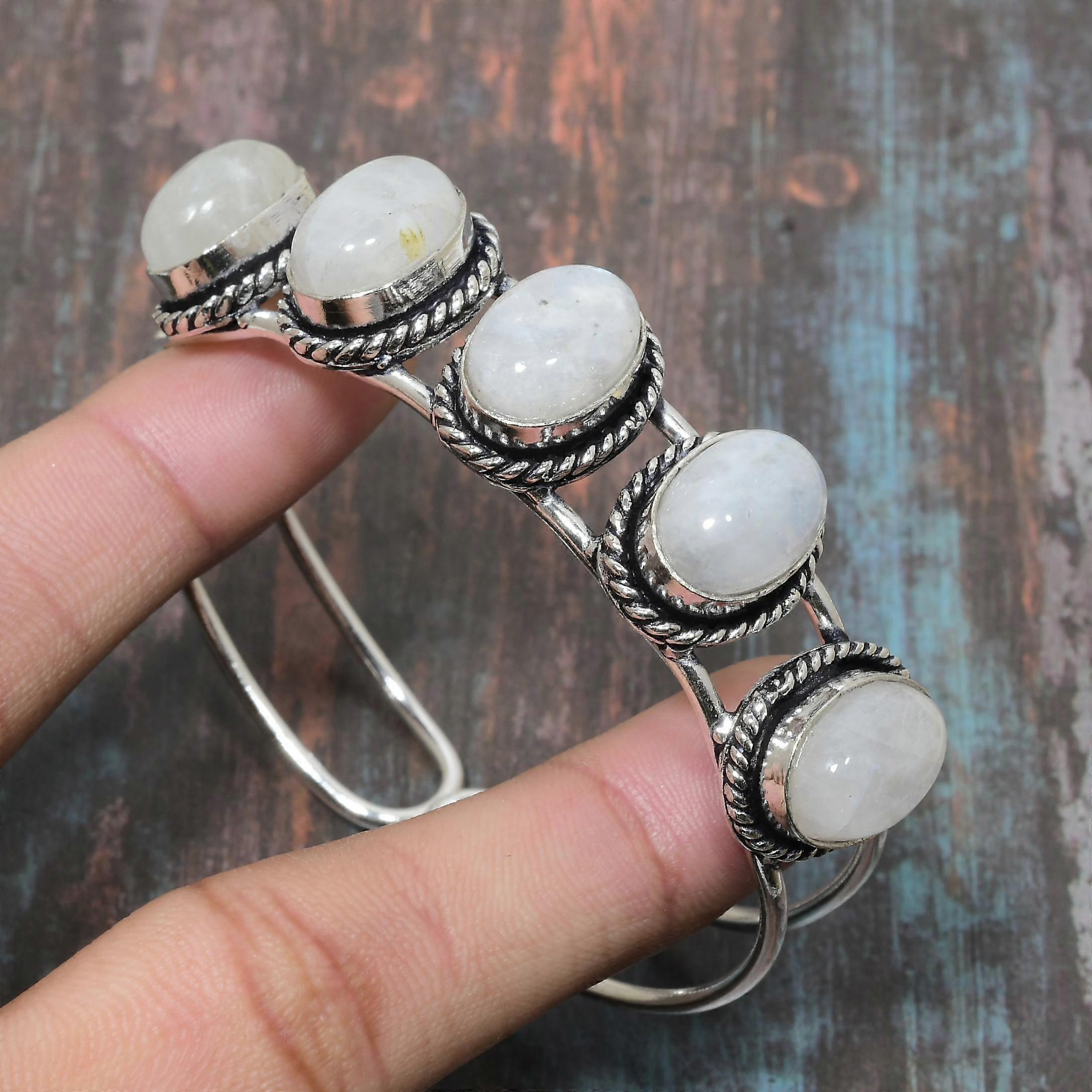 Rainbow Moonstone Gemstone Handmade 925 Sterling Silver Cuff Bangle Adjustable