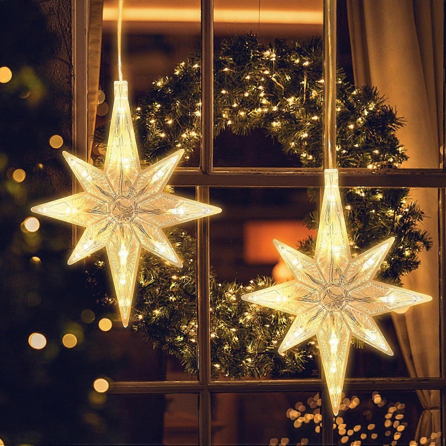 Jsdoin LED Xmas Window Light 2pc North Stars, Twinkle Xmas Curtain Light Timer, Hanging Lights for Party Shop Window Xmas Decor(Warm Light)