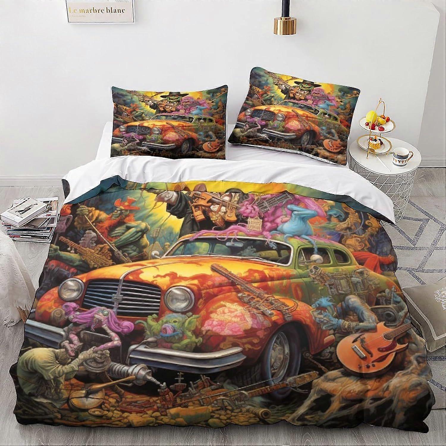 LikeEj monstros edredom capa carro vintage padrão impresso cama capa edredom com fecho com zíper, conjunto de cama macia dos desenhos animados de microfibra