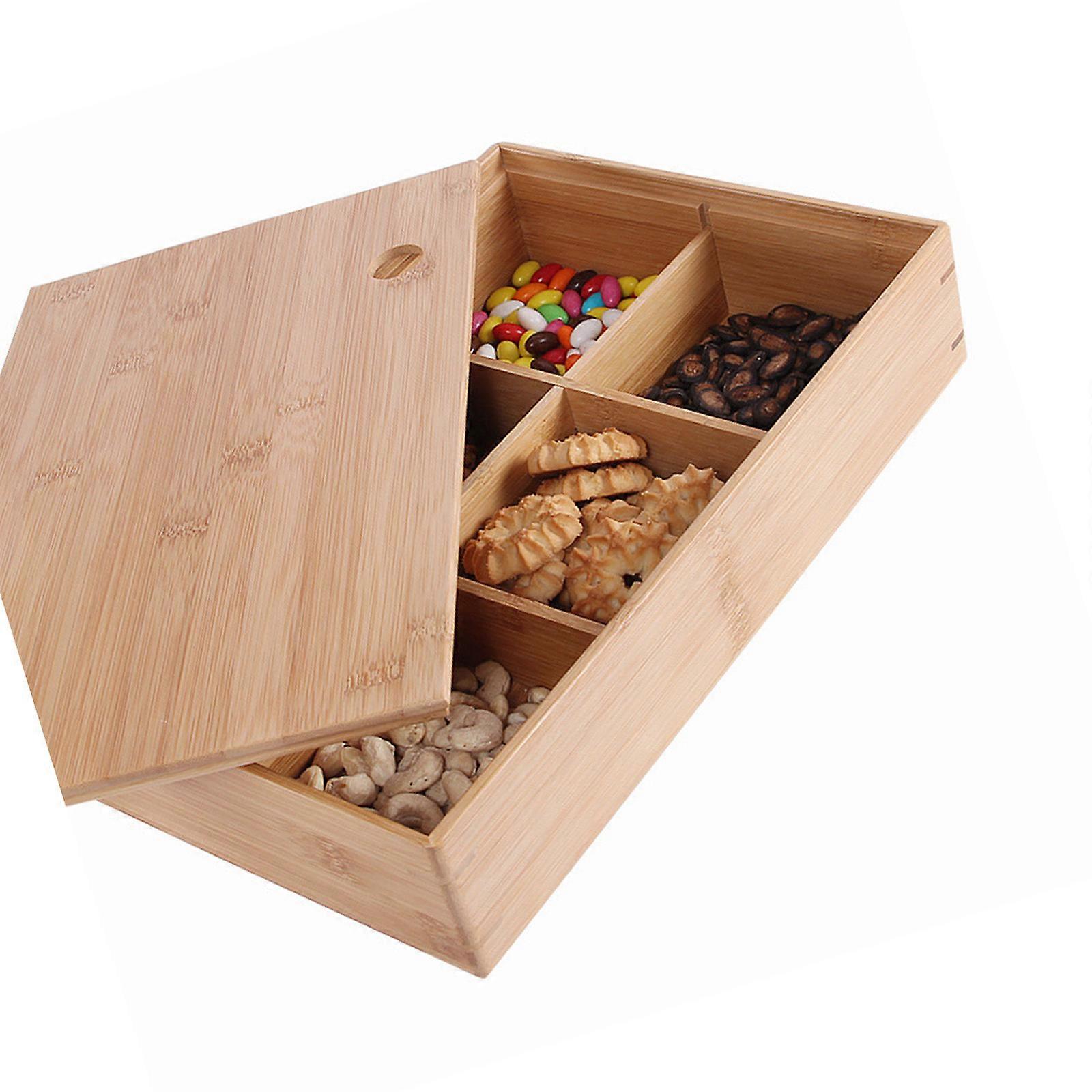 Compartmentalized Kitchen Organiser Box 6 Square Grids With Lid Wooden Snacks Storage Container For Dry Food Items Multicolor