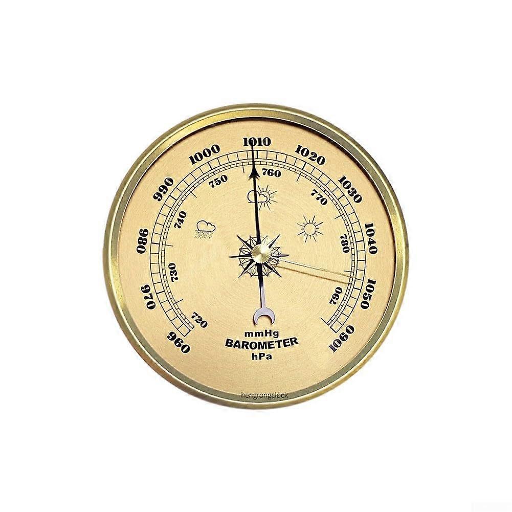 Barometer Metal Frame Clock with Pressure Gauge for Indoor Weather Monitoring, Gold, 90mm