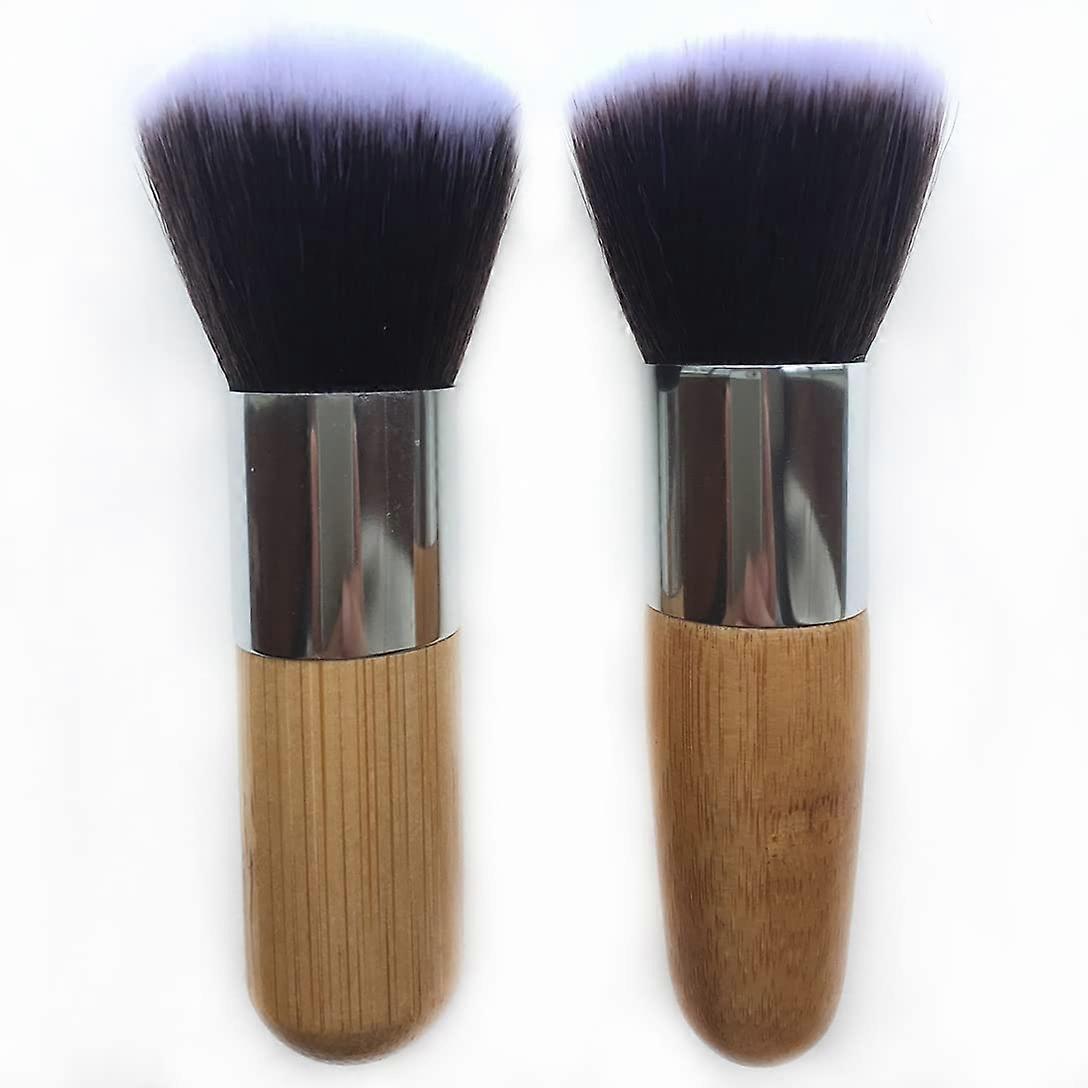 2 Pieces Kabuki Makeup Brush Set with Bamboo Handle, Flat and Round  Foundation Brushes for Liquid, Cream and Powder