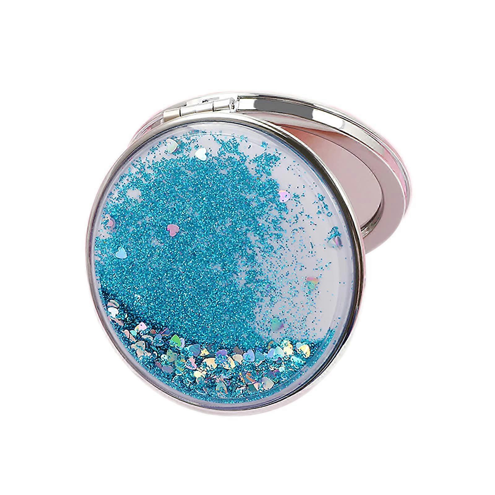Makeup Mirror with Dual Magnification, Foldable Compact Design, Quicksand Glitter Case, Round Blue