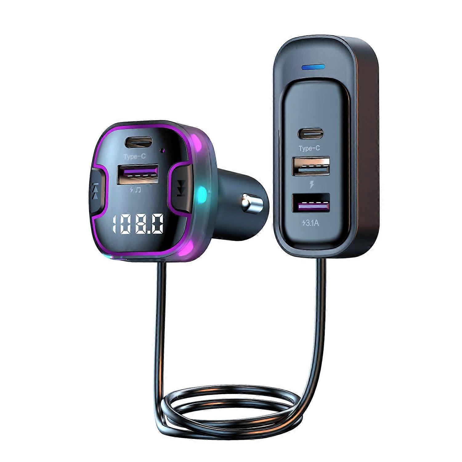 Bluetooth 5.3 FM Transmitter Car Adapter with 5Port Fast Charging, USB Playback and Ambient Light