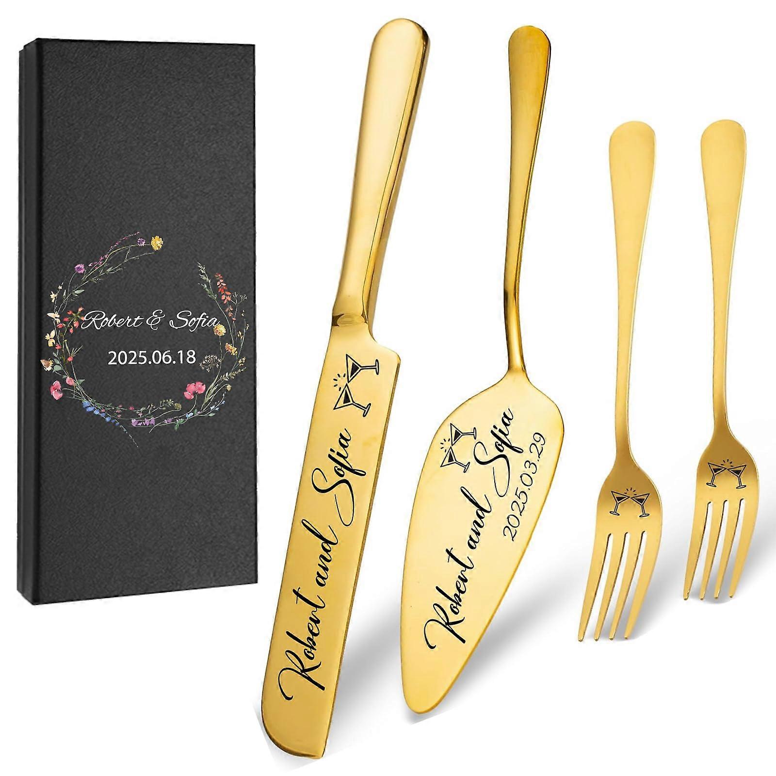 Engraved Wedding Cake Knife and Server Set with Forks, Custom Gold Finish 4Piece Keepsake for Bride and Groom
